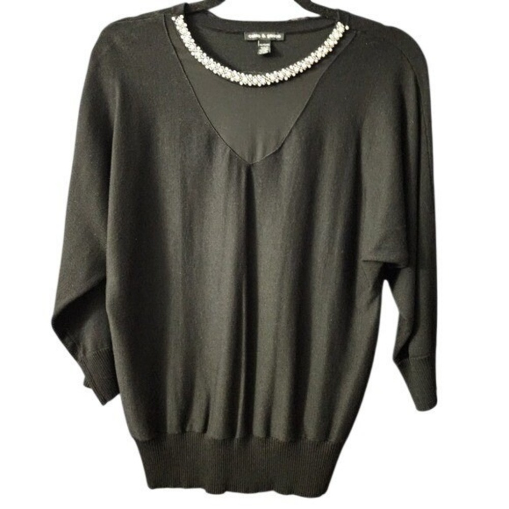 Cable & Gauge Women's Black Pearl Accent Crew Neck Knit Pullover Sweater, XL